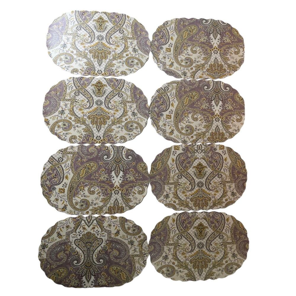 Set of 8 Oval Scalloped Mythology Cream Gold Plum Paisley Print Placemats 12x18"